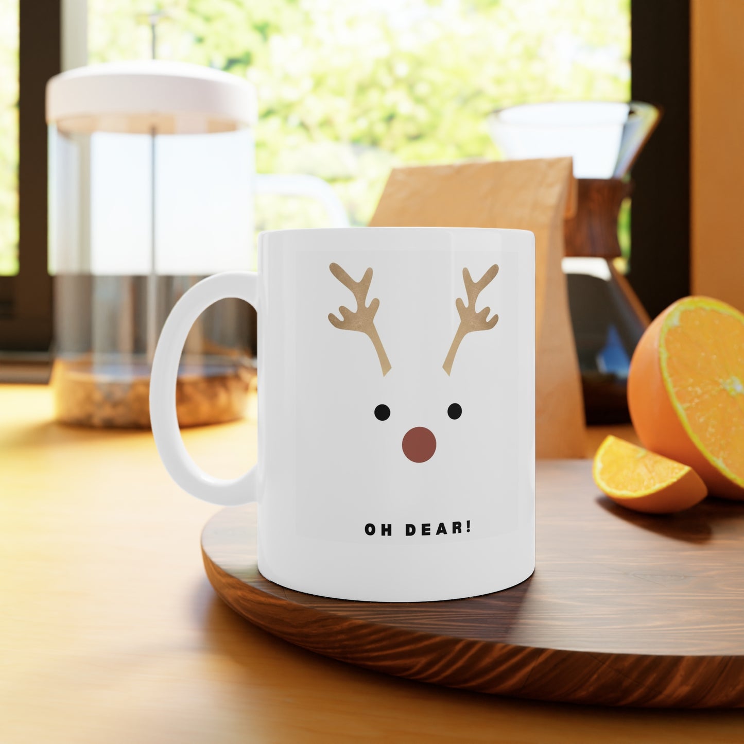 Lovely Classic Ceramic Mug with Rudolf the Red nose Reindeer sure to make you laugh every time you have a break, 11oz and 15oz